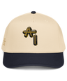 Beige and navy Graphartixry Artistic Intelligence cap with a logo on a white background