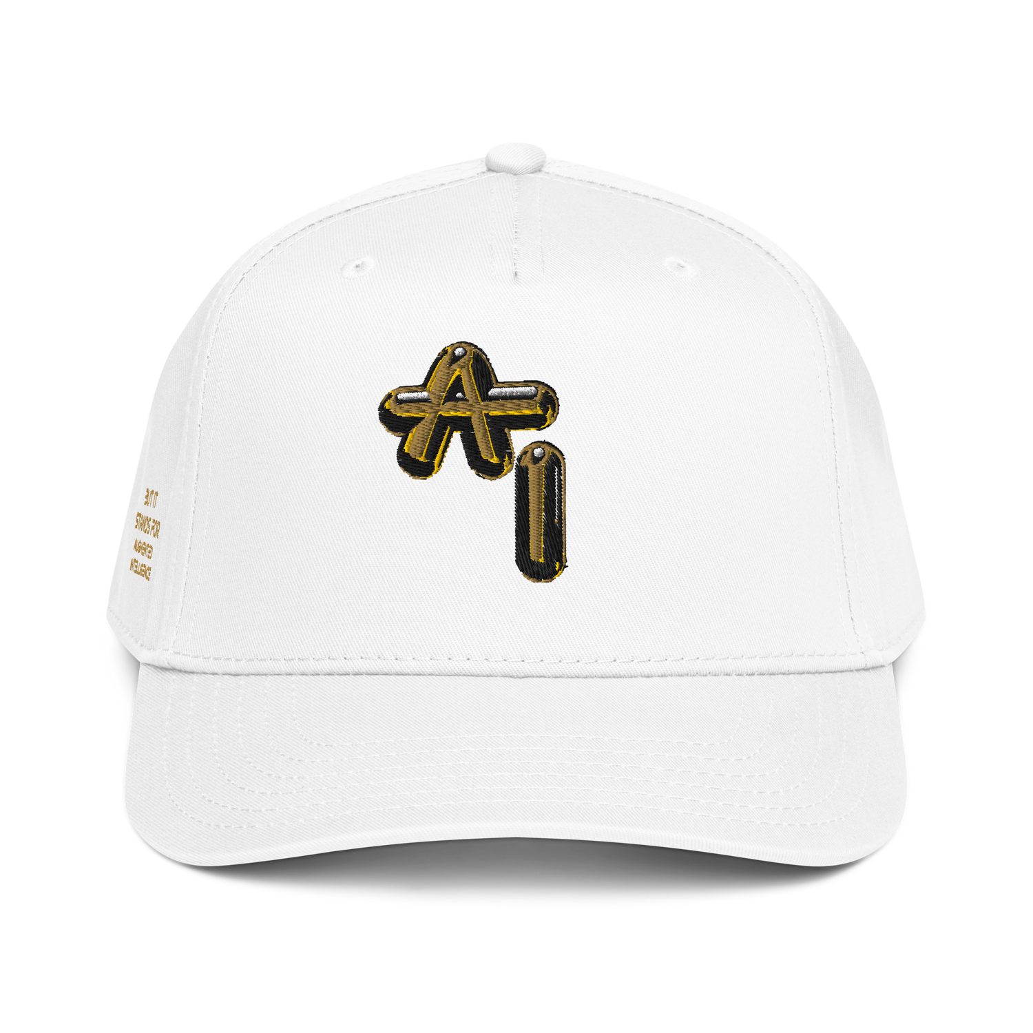 White Graphartixry Artistic Intelligence cap with black and gold logo on a white background