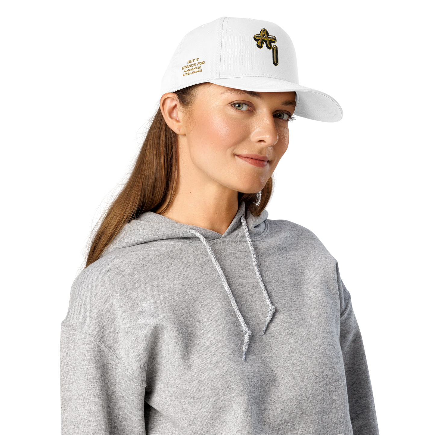Woman wearing a gray hoodie and white Graphartixry Artistic Intelligence cap with a logo on a white background