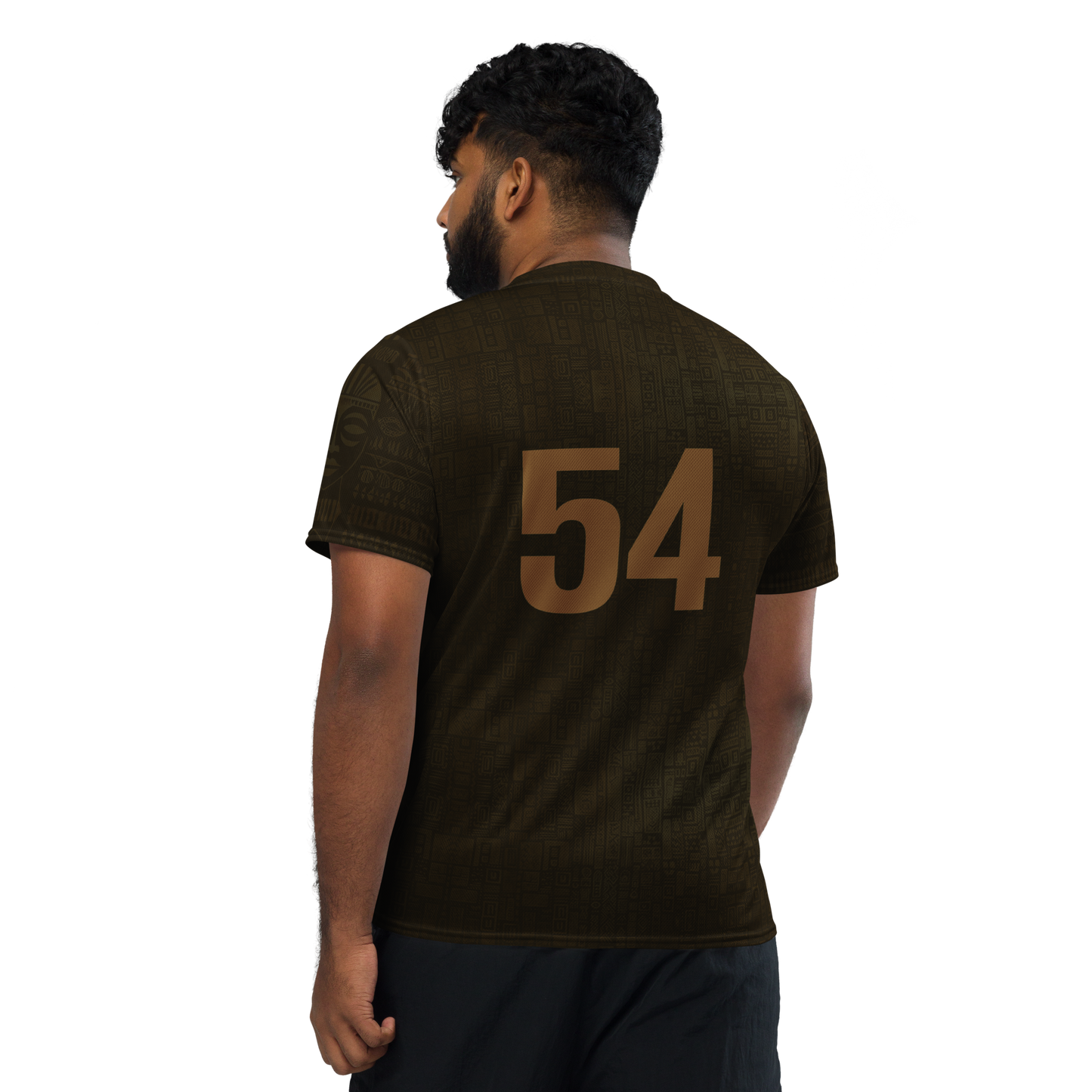 Man wearing USAF recycled unisex jersey from Graphartixry with the number 54 on the back against a white background