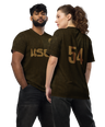 Two people wearing matching USAF recycled unisex jersey from Graphartixry on a white background