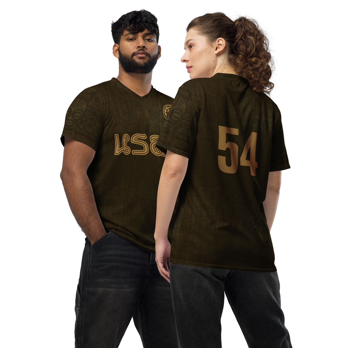 Two people wearing matching USAF recycled unisex jersey from Graphartixry on a white background