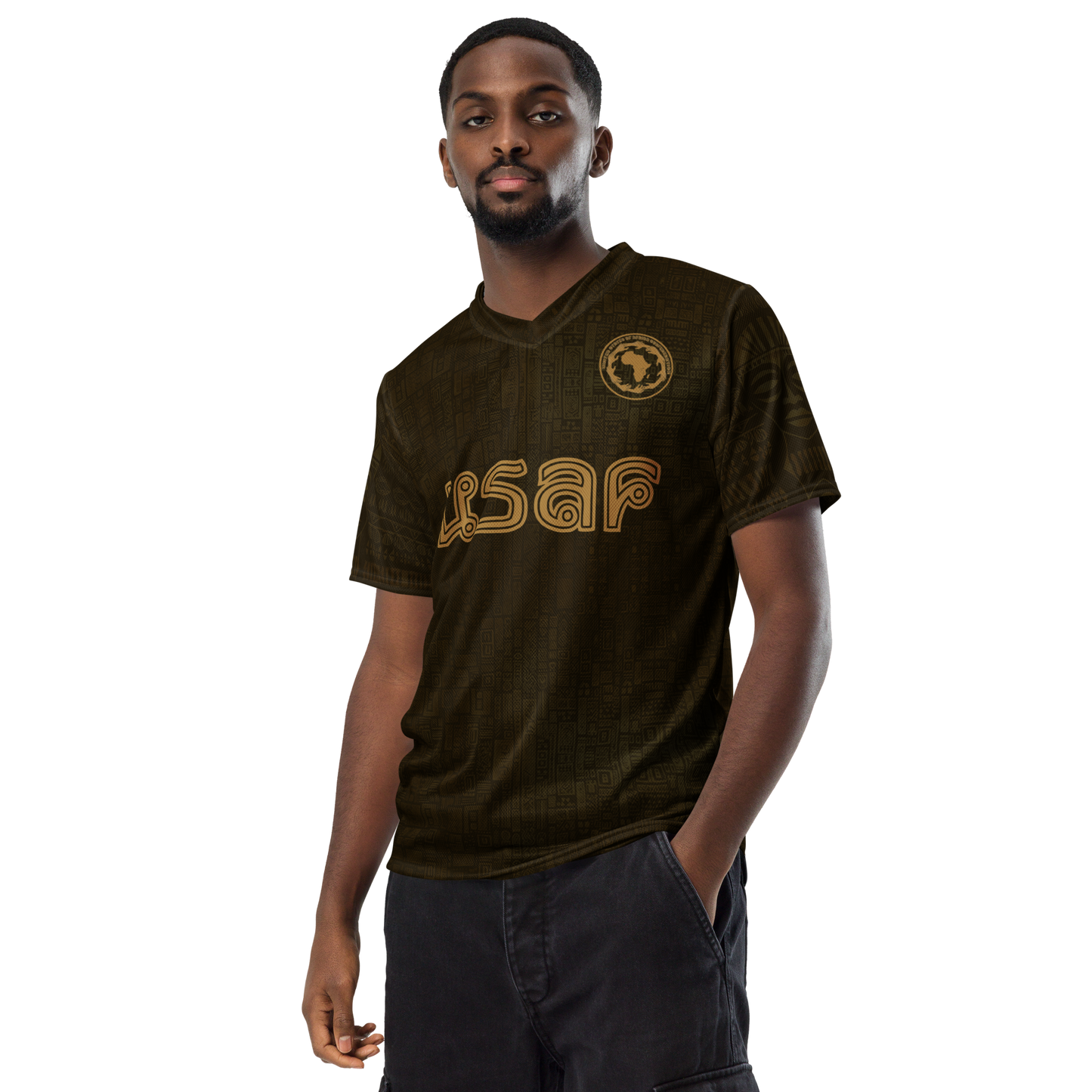 Man wearing a green t-shirt with USAF recycled unisex jersey from Graphartixry on a white background
