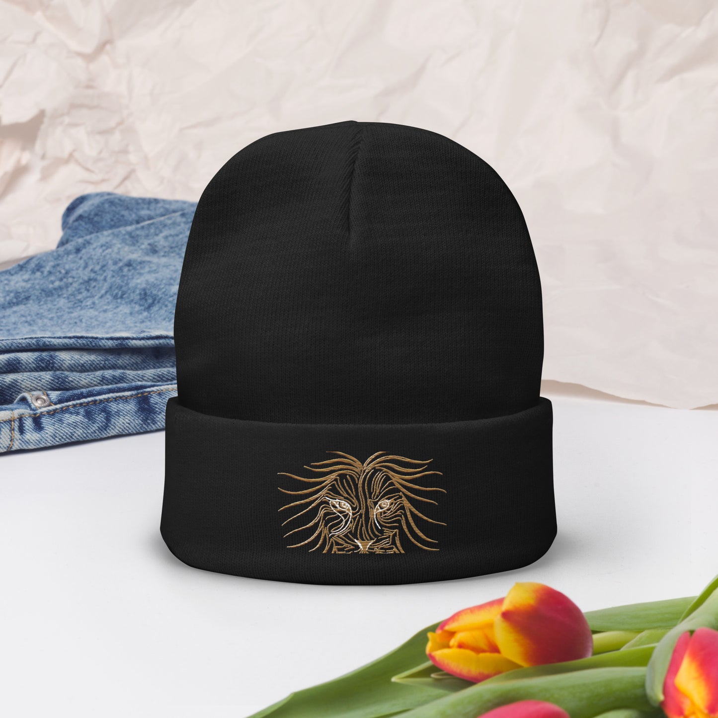 Lion Head Embroidered Beanie - Graphartixry - baseball cap, unisex pullover hoodie, graphic tees, long hooded sweatshirt, eco friendly bomber jacket, unisex denim jacket, Crossbody Bag, hard case for iPhone, rubber case for airpods, case for Samsung -  Graphartixry