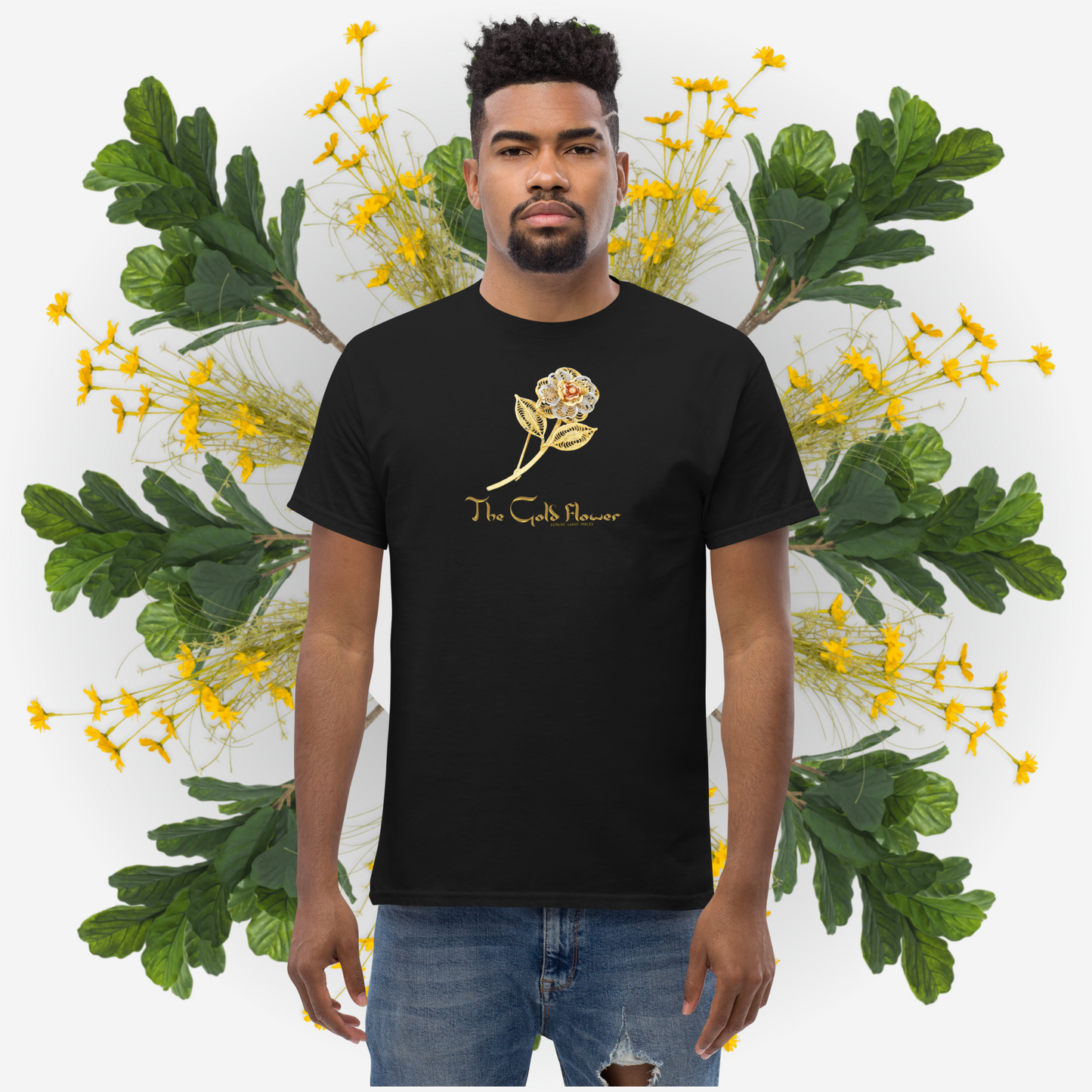 Gold Flower T-shirt - Graphartixry - baseball cap, unisex pullover hoodie, graphic tees, long hooded sweatshirt, eco friendly bomber jacket, unisex denim jacket, Crossbody Bag, hard case for iPhone, rubber case for airpods, case for Samsung -  Graphartixry