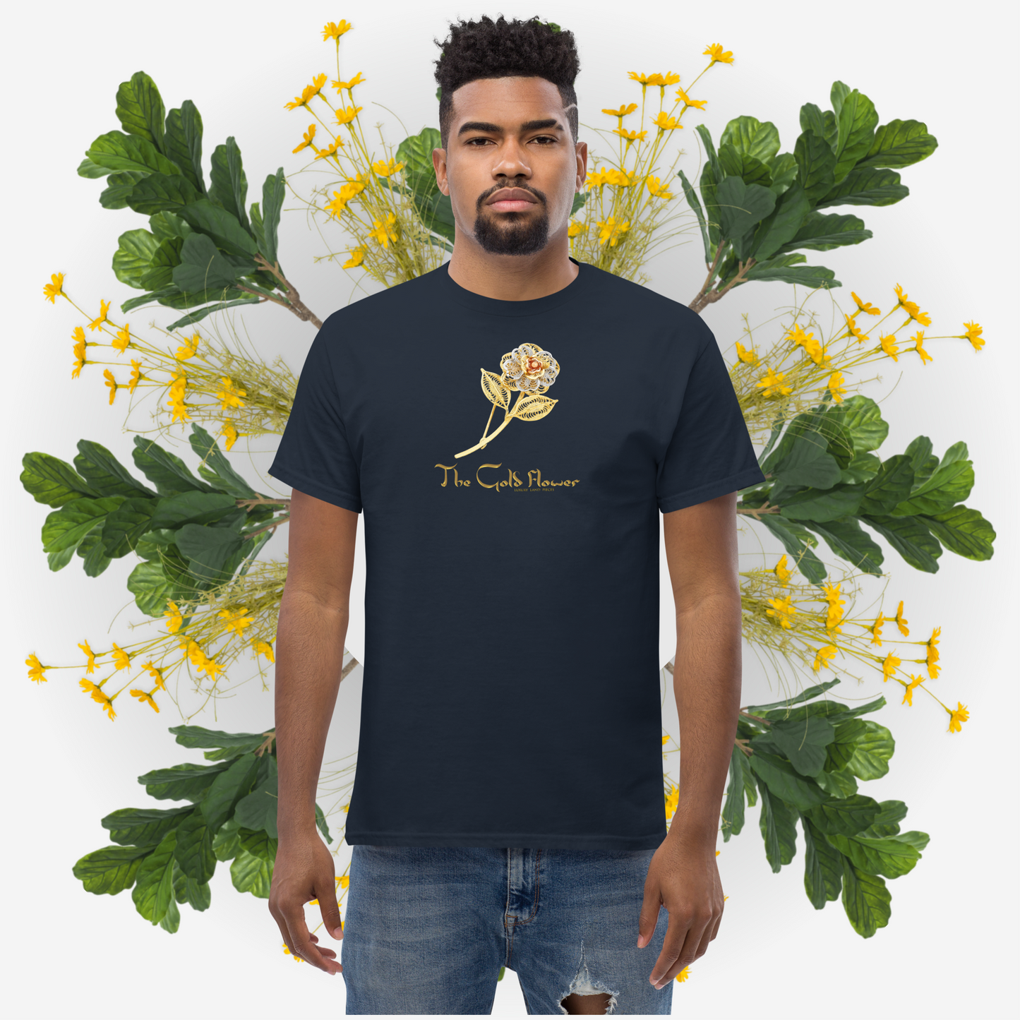 Gold Flower T-shirt - Graphartixry - baseball cap, unisex pullover hoodie, graphic tees, long hooded sweatshirt, eco friendly bomber jacket, unisex denim jacket, Crossbody Bag, hard case for iPhone, rubber case for airpods, case for Samsung -  Graphartixry