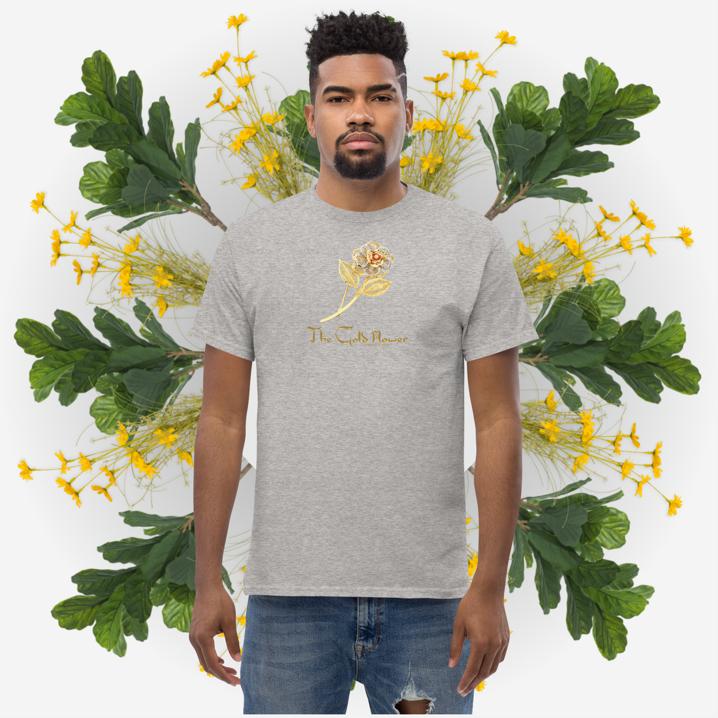 Gold Flower T-shirt - Graphartixry - baseball cap, unisex pullover hoodie, graphic tees, long hooded sweatshirt, eco friendly bomber jacket, unisex denim jacket, Crossbody Bag, hard case for iPhone, rubber case for airpods, case for Samsung -  Graphartixry