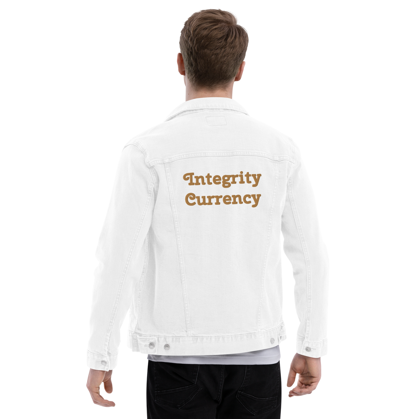 Integrity Currency Unisex denim jacket - Graphartixry - baseball cap, unisex pullover hoodie, graphic tees, long hooded sweatshirt, eco friendly bomber jacket, unisex denim jacket, Crossbody Bag, hard case for iPhone, rubber case for airpods, case for Samsung -  Graphartixry